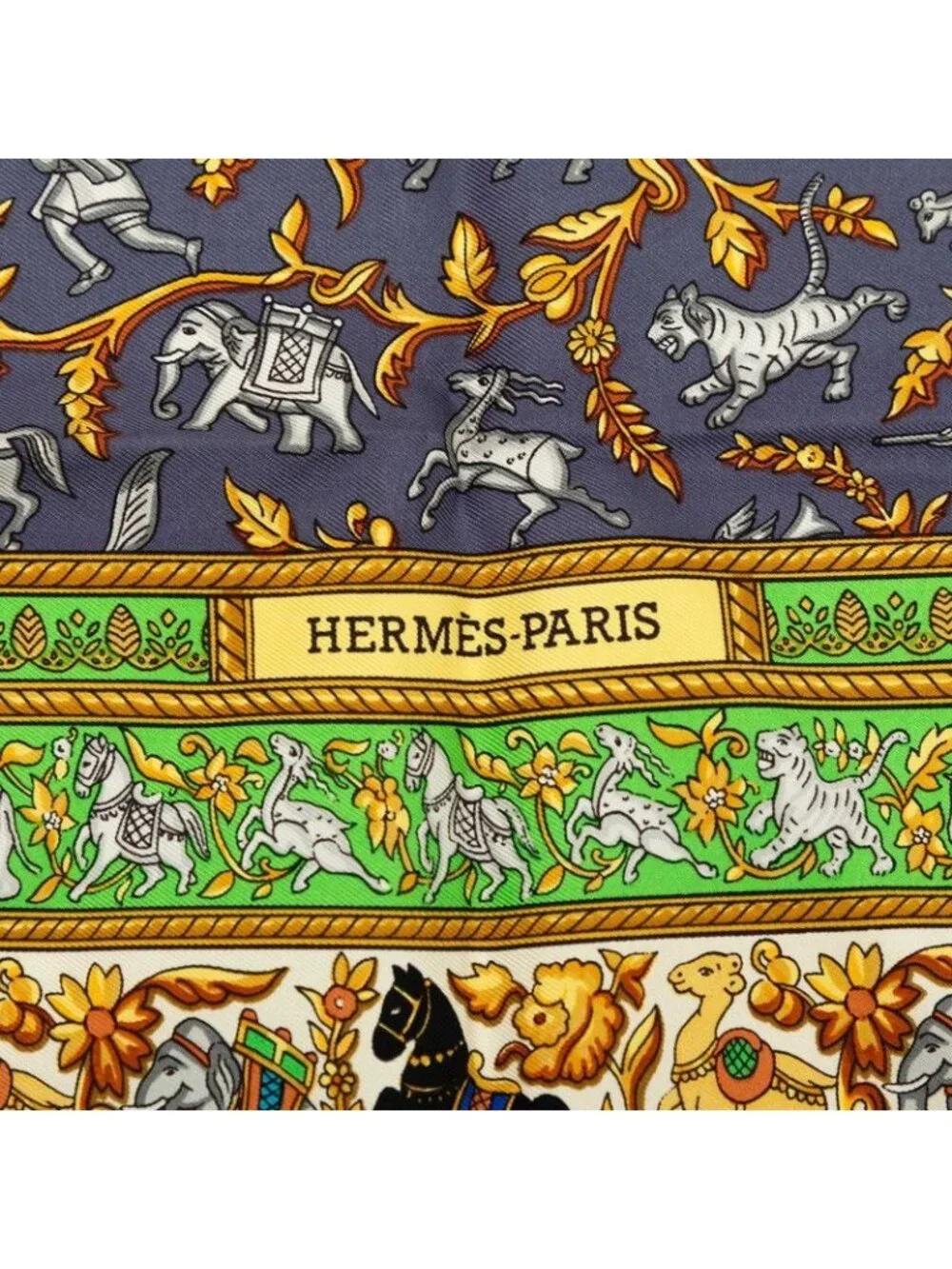 Hermes Carre 90 Chasse en Inde Indian Hunting Scarf Green Silk